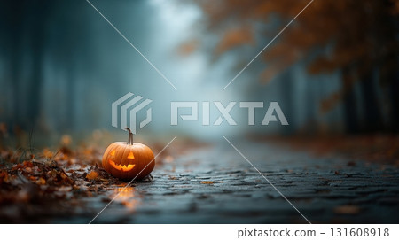 Small carved pumpkin jack-o'-lantern 131608918