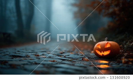 Small carved pumpkin jack-o'-lantern 131608920