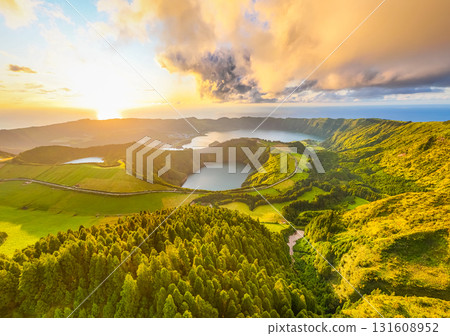 Sete Cidades Caldera. Blue Lake and Santiago Lake. Azores, Sao Miguel Island. Portugal. Aerial View 131608952