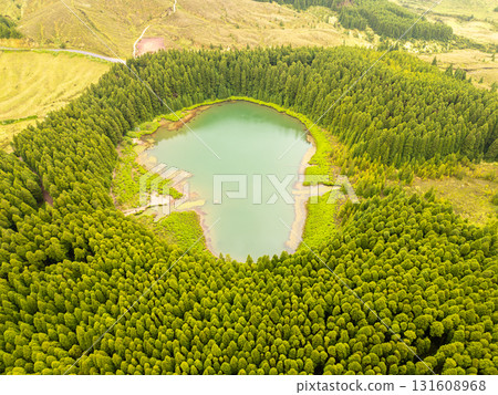 Hills, Forest and Lake Lagoa do Canario. Azores, Sao Miguel Island, Portugal. Aerial View 131608968