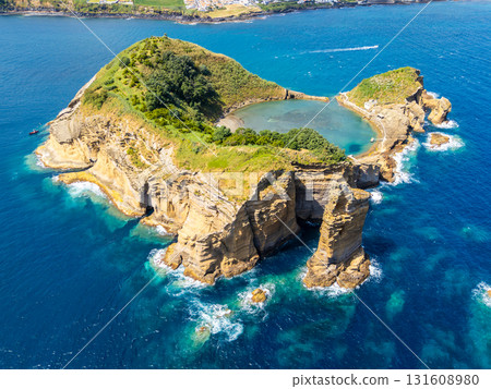 Vila Franca Islet and Atlantic Ocean. Azores, Sao Miguel Island. Portugal. Aerial View 131608980