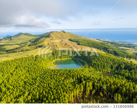 Hills, Forest and Lake Lagoa do Canario. Azores, Sao Miguel Island, Portugal. Aerial View Hills, Forest and Lake Lagoa do Canario. Azores, Sao Miguel Island, Portugal. Aerial View 131608986