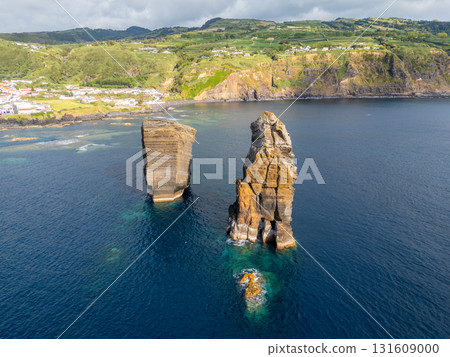 Sea Stacks near Mosteiros Beach and Atlantic Ocean. Azores, Sao Miguel Island. Portugal. Aerial View Sea Stacks near Mosteiros Beach and Atlantic Ocean. Azores, Sao Miguel Island. Portugal. Aerial View 131609000