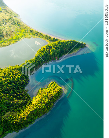 Lagoa do Fogo Lake at Sunrise. Azores, Sao Miguel Island. Portugal. Aerial View 131609019