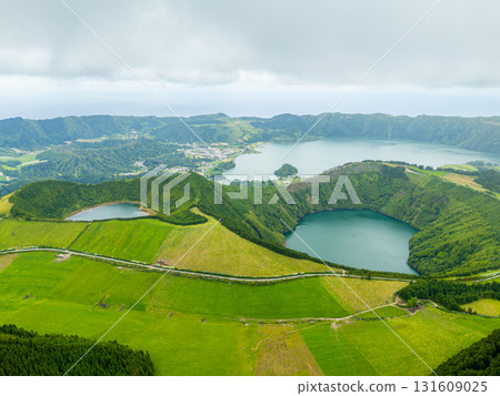 Sete Cidades Caldera. Blue Lake, Rasa Lake and Santiago Lake. Azores, Sao Miguel Island. Portugal 131609025