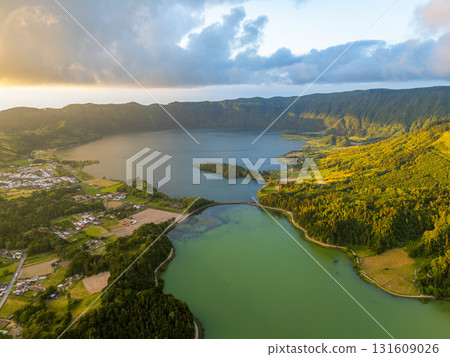 Sete Cidades Caldera. Blue Lake and Green Lake. Azores, Sao Miguel Island. Portugal. Aerial View Sete Cidades Caldera. Blue Lake and Green Lake. Azores, Sao Miguel Island. Portugal. Aerial View 131609026