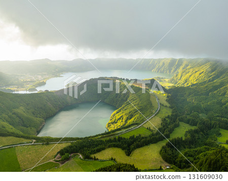 Sete Cidades Massif. Blue Lake and Santiago Lake. Azores, Sao Miguel Island. Portugal. Aerial View 131609030