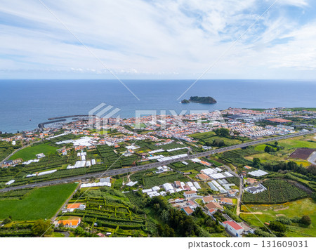 Vila Franca Do Campo Town, Vila Franca Islet and Atlantic Ocean. Azores, Sao Miguel Island. Portugal 131609031