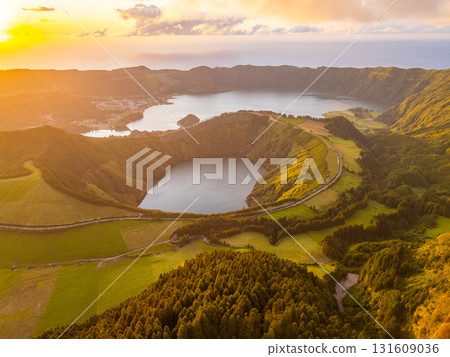 Sete Cidades Massif. Blue Lake and Santiago Lake. Azores, Sao Miguel Island. Portugal. Aerial View 131609036