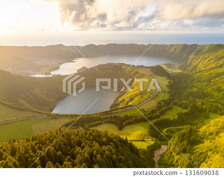 Sete Cidades Caldera. Blue Lake and Santiago Lake. Azores, Sao Miguel Island. Portugal. Aerial View Sete Cidades Caldera. Blue Lake and Santiago Lake. Azores, Sao Miguel Island. Portugal. Aerial View 131609038