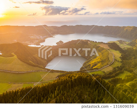 Sete Cidades Caldera. Blue Lake and Santiago Lake. Azores, Sao Miguel Island. Portugal. Aerial View Sete Cidades Caldera. Blue Lake and Santiago Lake. Azores, Sao Miguel Island. Portugal. Aerial View 131609039