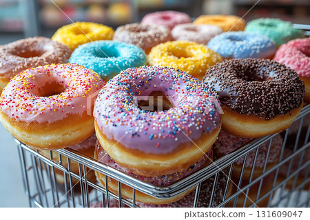 Shopping cart full of goodies. Baking. Variety of bright donuts on a display stand. Glazed donuts. Sweet topping food. 131609047