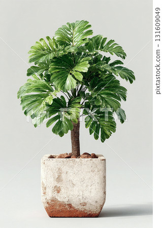 Perfect for a home decor companies. Potted palm tree with wide, green leaves in white ceramic pot on a white background. Vertical view.  Palm tree with fleshy leaves. 131609049