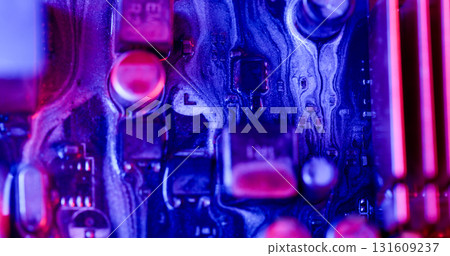 Ink spill. Processor chip. Blur blue purple pink color digital texture acrylic glitter liquid motherboard on abstract electronic art background. Ink spill. Processor chip. Blur blue purple pink color digital texture acrylic glitter liquid motherboard on abstract electronic art background. 131609237