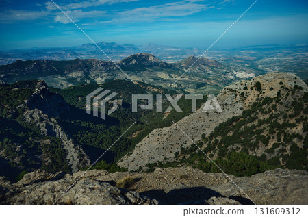 Expansive Mountain Ridge Overlook With Rocky Hills And Forest Under Clear Blue Sky 131609312