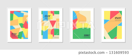 Collection of vector colorful posters with abstract geometric shapes. Art funky creative covers in modern art fashion style. Bright trendy placards, brochures, banners, backgrounds 131609593