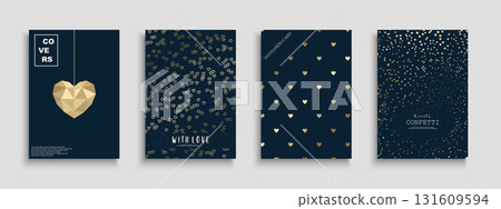 Collection of elegant cards, posters templates, placards, brochures, banners. Celebration covers with golden hearts print - perfect for romantic occasions and creative projects 131609594