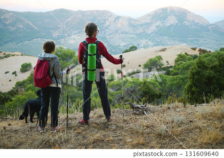 Hikers With Backpacks Overlooking Mountain Range On Trail With Dog 131609640