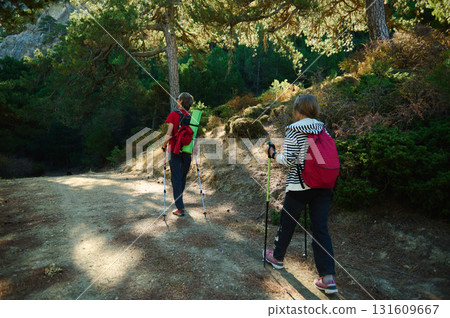 Two Hikers With Backpacks Trek Through Forest Trail On a Sunny Day Two Hikers With Backpacks Trek Through Forest Trail On a Sunny Day 131609667