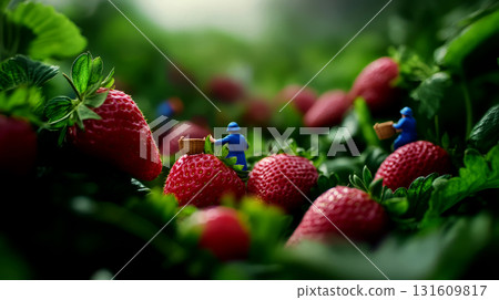 Tiny blue-uniformed workers harvest strawberries amid vibrant green leaves in an expansive field filled with ripe fruit 131609817