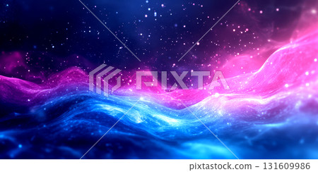 Vibrant waves of pink and blue hues flow together amidst a starry night sky, creating a magical cosmic atmosphere Vibrant waves of pink and blue hues flow together amidst a starry night sky, creating a magical cosmic atmosphere 131609986