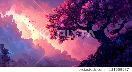 A majestic tree stands against a stunning sunset filled with vibrant pinks and purples, as soft clouds drift by in the sky 131609987