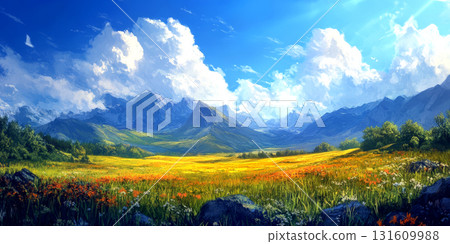 Bright colors fill the expansive field as flowers bloom against a backdrop of towering mountains under a clear sky 131609988