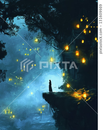 A silhouette of a figure stands on a cliff at night, surrounded by glowing lanterns, overlooking a calm river with distant lights A silhouette of a figure stands on a cliff at night, surrounded by glowing lanterns, overlooking a calm river with distant lights 131609989