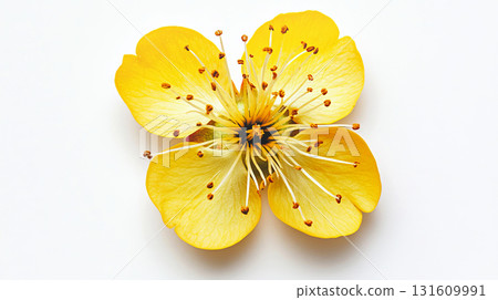 A stunning top view of a fresh yellow apricot blossom reveals its intricate petals and stamens, highlighting its natural beauty and freshness 131609991