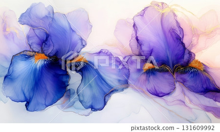 Intricate design showcases stunning blue and purple blooms enriched with black and gold metallic details, capturing elegance and creativity Intricate design showcases stunning blue and purple blooms enriched with black and gold metallic details, capturing elegance and creativity 131609992