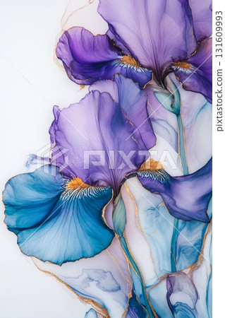 Delicate irises bloom in shades of purple and blue, accentuated by thin metallic lines, showcasing vibrant alcohol ink techniques Delicate irises bloom in shades of purple and blue, accentuated by thin metallic lines, showcasing vibrant alcohol ink techniques 131609993