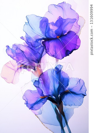 Intricate blue and purple flowers emerge from a fluid alcohol ink composition, showcasing metallic highlights and graceful translucence Intricate blue and purple flowers emerge from a fluid alcohol ink composition, showcasing metallic highlights and graceful translucence 131609994
