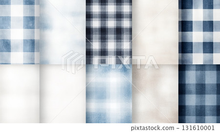 Collection showcases a range of fabric patterns featuring plaid and solid textures in light and dark shades of blue and white for creative use Collection showcases a range of fabric patterns featuring plaid and solid textures in light and dark shades of blue and white for creative use 131610001