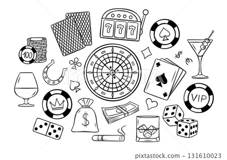 a Big casino set, cards, poker chips, dice, Russian roulette, slot machines, simple vector black and white icons, doodle and sketch style 131610023
