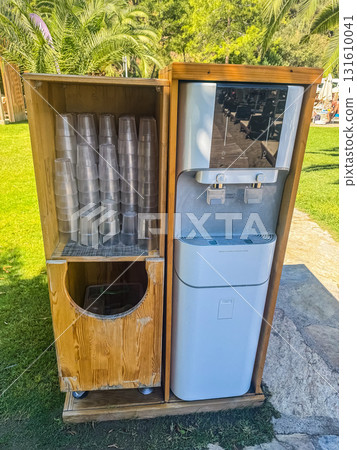 Outdoor Water Dispenser with Plastic Cups in Wooden Stand Outdoor Water Dispenser with Plastic Cups in Wooden Stand 131610041