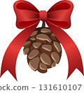 Close-up of a pine cone decorated with a bright red ribbon bow, symbolizing Christmas, winter holidays 131610107
