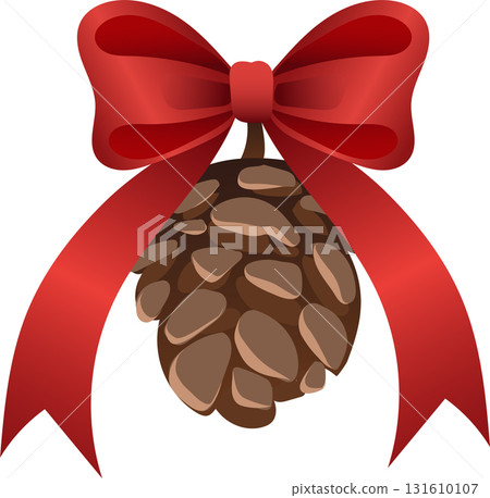 Close-up of a pine cone decorated with a bright red ribbon bow, symbolizing Christmas, winter holidays 131610107