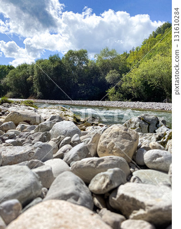 Scenic River and Alpine Forest. Majestic Mountain View with Pure Nature and Timeless Beauty 131610284