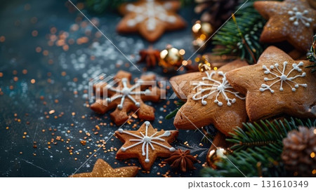 Gingerbread cookies shaped like stars and snowflakes, decorated with white icing. Surrounding pine branches and pine cones create a festive New Year and Christmas atmosphere 131610349