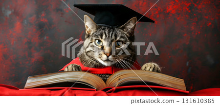 Smart cat in graduation cap and red gown reading book. Bright funny scene for academic, college, educational themes Smart cat in graduation cap and red gown reading book. Bright funny scene for academic, college, educational themes 131610385