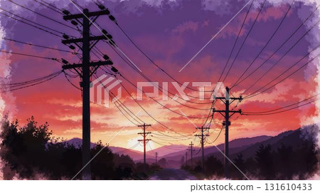 Vibrant sunset over road with power lines scenery 131610433