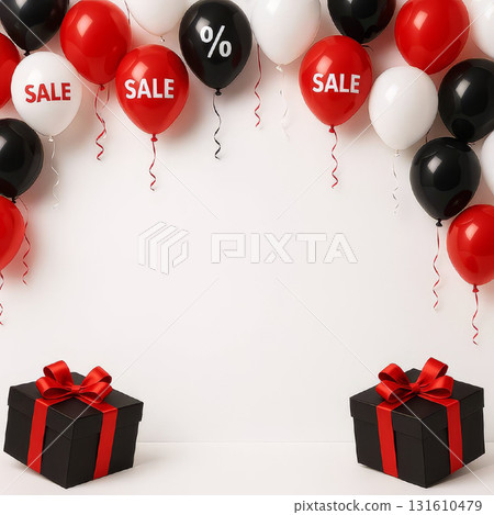 Minimal white backdrop with red, black and white balloons spelling SALE and a percent sign, above two matte black gift boxes tied with red ribbons. Clean copy space for promo text, discounts, holiday 131610479