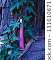 Pink cosmetic tube among ivy leaves on tree bark. Pink cosmetic cream tube placed on tree bark surrounded by green ivy leaves. Natural beauty and eco-friendly skincare concept. 131610671