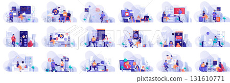 Mega set flat design concept business, marketing, shopping, banking, analysis, social network with people character situations. Bundle of different scenes. Collection vector illustrations. 131610771