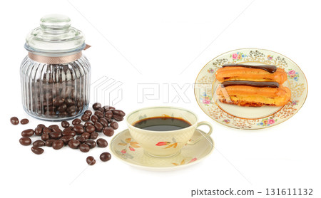 Coffee, Chocolate, and Eclairs on White Background Coffee, Chocolate, and Eclairs on White Background 131611132
