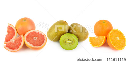 Fresh Grapefruits, Kiwis, and Oranges on White Background 131611139