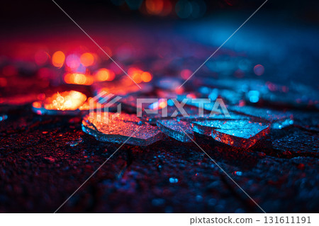 Broken glass fragments scattered on dark ground with dramatic lighting Broken glass fragments scattered on dark ground with dramatic lighting 131611191