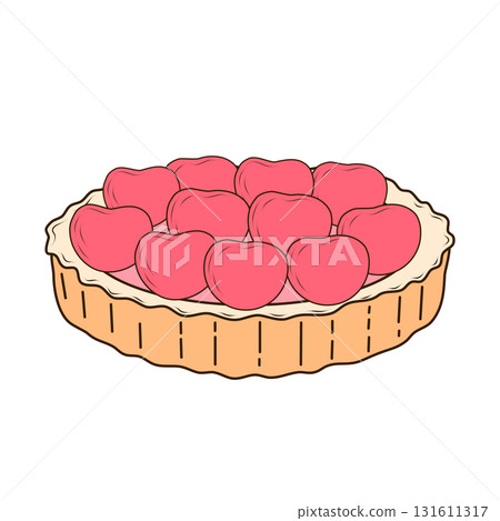 Shortcrust pastry tartlet with whipped cream, decorated with cherries. Vector illustration in flat, cartoon style. Tasty and sweet tartlet with raspberries, isolated on white background. Confectionery Shortcrust pastry tartlet with whipped cream, decorated with cherries. Vector illustration in flat, cartoon style. Tasty and sweet tartlet with raspberries, isolated on white background. Confectionery 131611317