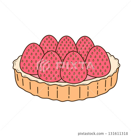 Shortcrust pastry tartlet with whipped cream, decorated with strawberries. Vector illustration in flat, cartoon style. Tasty and sweet tartlet with raspberries, isolated on white background 131611318