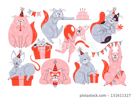 Cute happy birthday cat hand drawn domestic animals characters feeling joyful, playful set 131611327